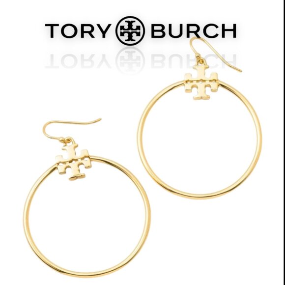 Tory Burch Gold Stacked T Logo Hoop Earrings - Picture 3 of 7